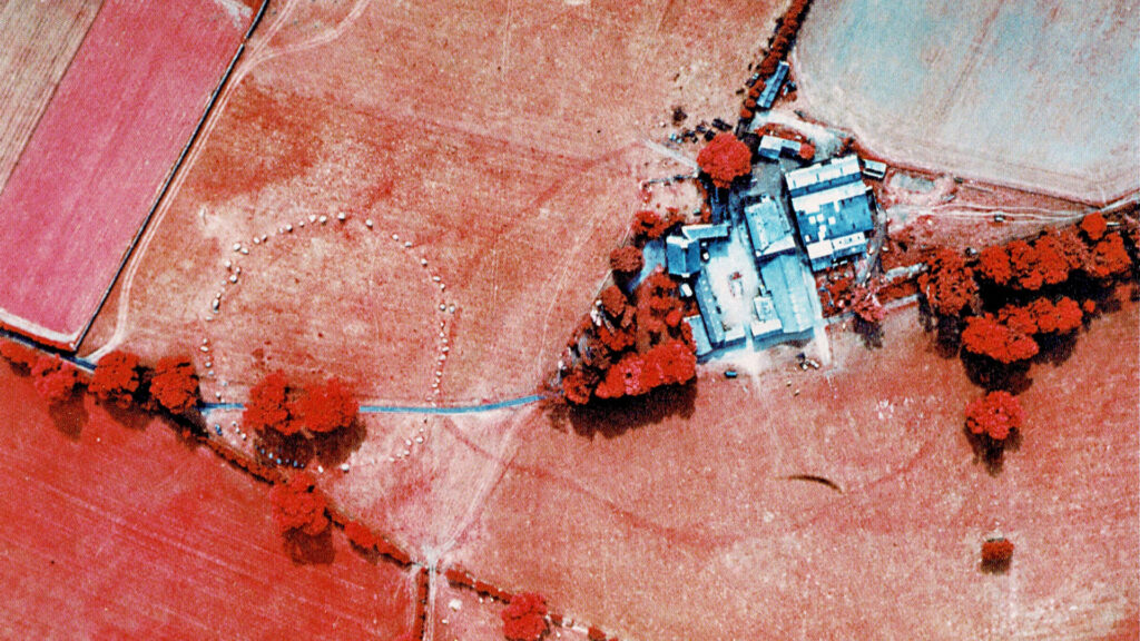 English Heritage aerial view with false colour, showing enclosure